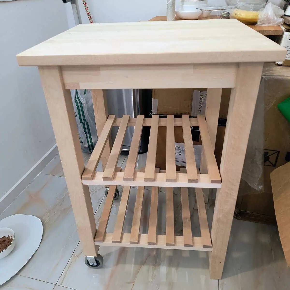 Assembled rolling kitchen cart ready for use